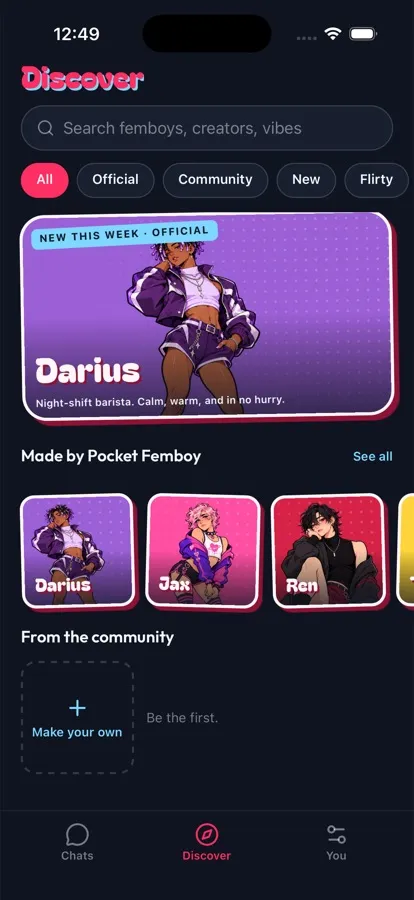 The app's Discover screen: a grid of femboys to pick from.