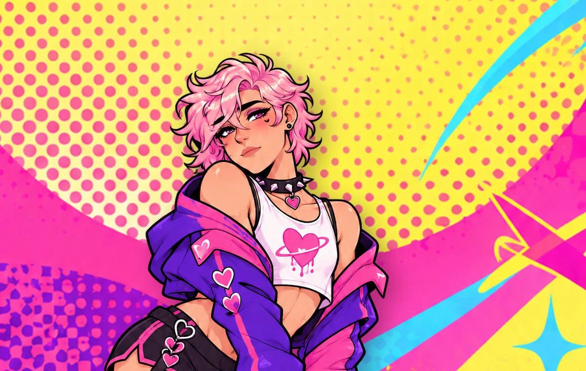 Jax from the waist up: pink hair, a spiked choker with a heart pendant, a white crop tank, and a purple and pink jacket covered in heart patches